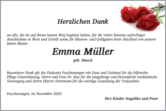 Traueranzeige von Emma Müller von Dinkelsbühl/ Feuchtwangen