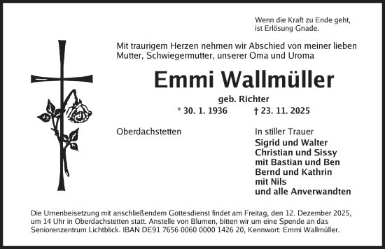 Traueranzeige von Emmi Wallmüller von Ansbach