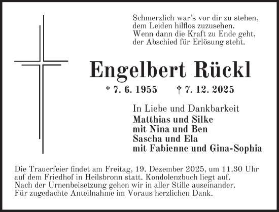 Traueranzeige von Engelbert Rückl von Ansbach
