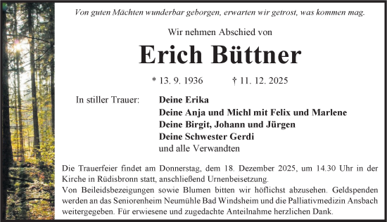 Traueranzeige von Erich Büttner von Neustadt/ Scheinfeld/ Uffenheim