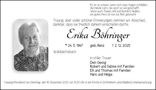 Traueranzeige von Erika Böhringer von Neustadt/ Scheinfeld/ Uffenheim