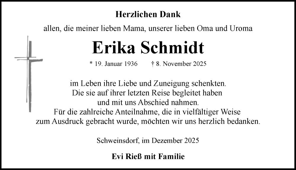  Traueranzeige für Erika Schmidt vom 01.12.2025 aus Rothenburg