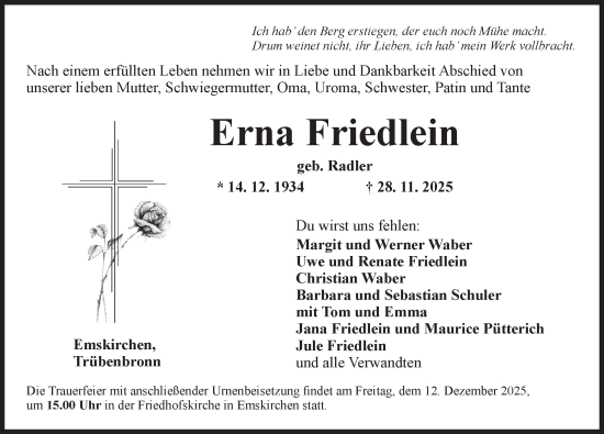 Traueranzeige von Erna Friedlein von Neustadt/ Scheinfeld/ Uffenheim