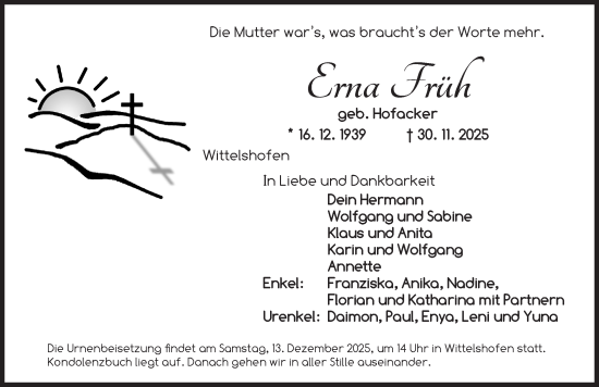 Traueranzeige von Erna Früh von Dinkelsbühl/ Feuchtwangen