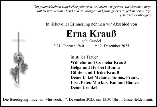 Traueranzeige von Erna Krau von Rothenburg