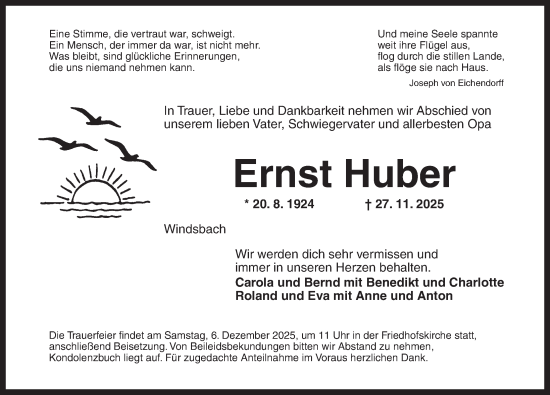 Traueranzeige von Ernst Huber von Ansbach