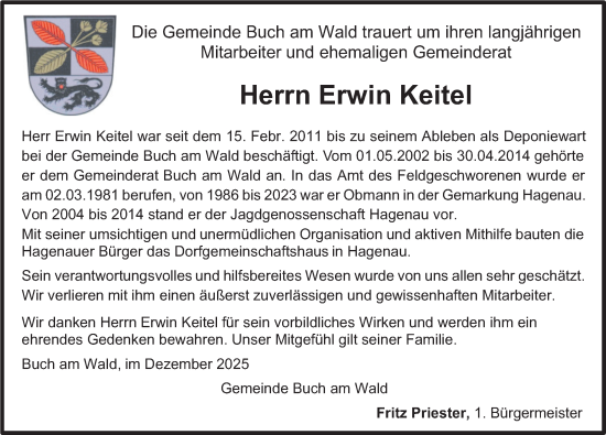 Traueranzeige von Erwin Keitel von Rothenburg