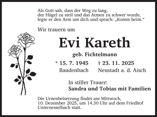 Traueranzeige von Evi Kareth von Neustadt/ Scheinfeld/ Uffenheim