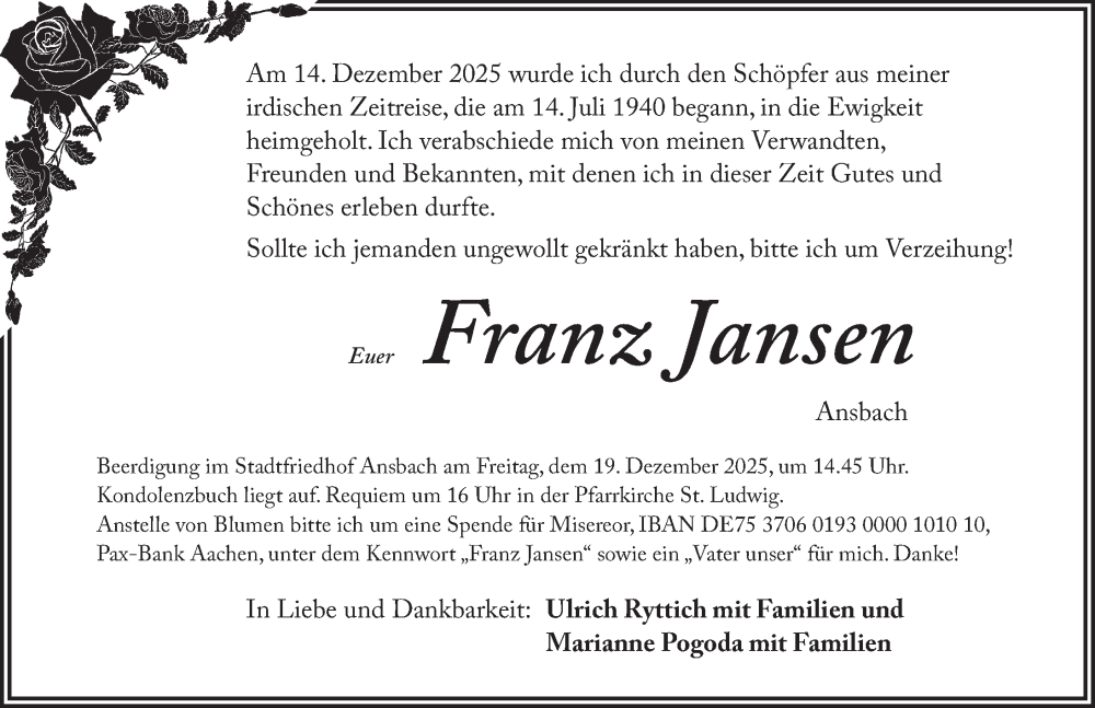  Traueranzeige für Franz Jansen vom 18.12.2025 aus Ansbach