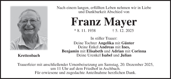 Traueranzeige von Franz Mayer von Neustadt/ Scheinfeld/ Uffenheim
