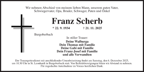 Traueranzeige von Franz Scherb von Ansbach