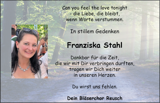 Traueranzeige von Franziska Stahl von Neustadt/ Scheinfeld/ Uffenheim