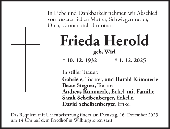 Traueranzeige von Frieda Herold von Dinkelsbühl/ Feuchtwangen