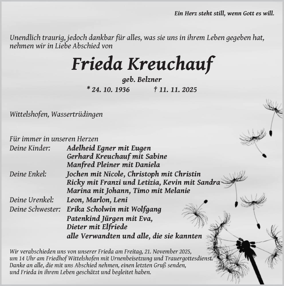  Traueranzeige für Frieda Kreuchauf vom 19.11.2025 aus Dinkelsbühl/ Feuchtwangen