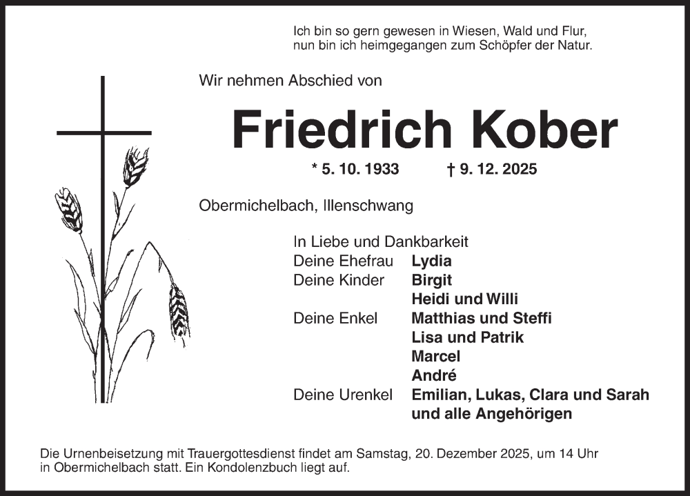  Traueranzeige für Friedrich Kober vom 18.12.2025 aus Dinkelsbühl/ Feuchtwangen