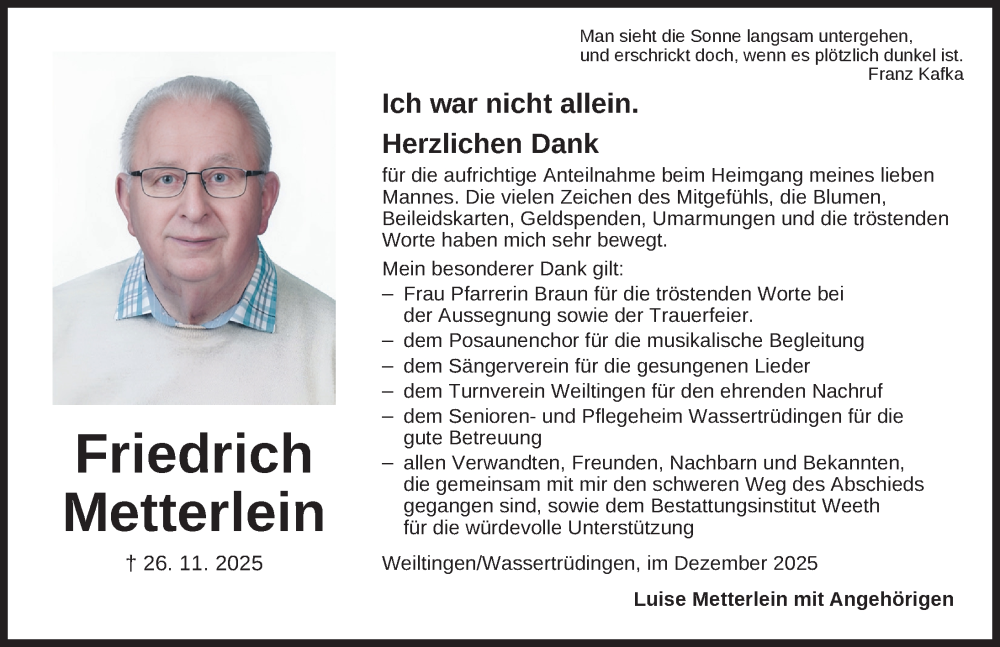  Traueranzeige für Friedrich Metterlein vom 06.12.2025 aus Dinkelsbühl/ Feuchtwangen