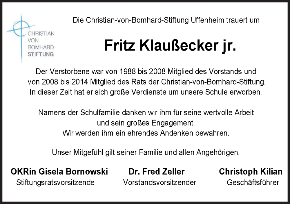  Traueranzeige für Fritz Klaubecker vom 02.12.2025 aus Neustadt/ Scheinfeld/ Uffenheim