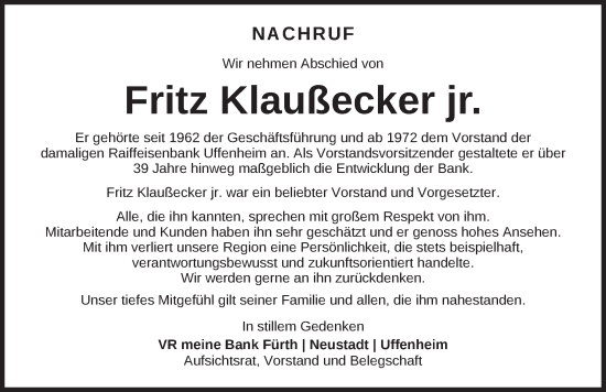 Traueranzeige von Fritz Klaußecker von Neustadt/ Scheinfeld/ Uffenheim