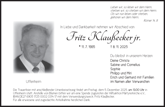 Traueranzeige von Fritz Klaußecker von Neustadt/ Scheinfeld/ Uffenheim
