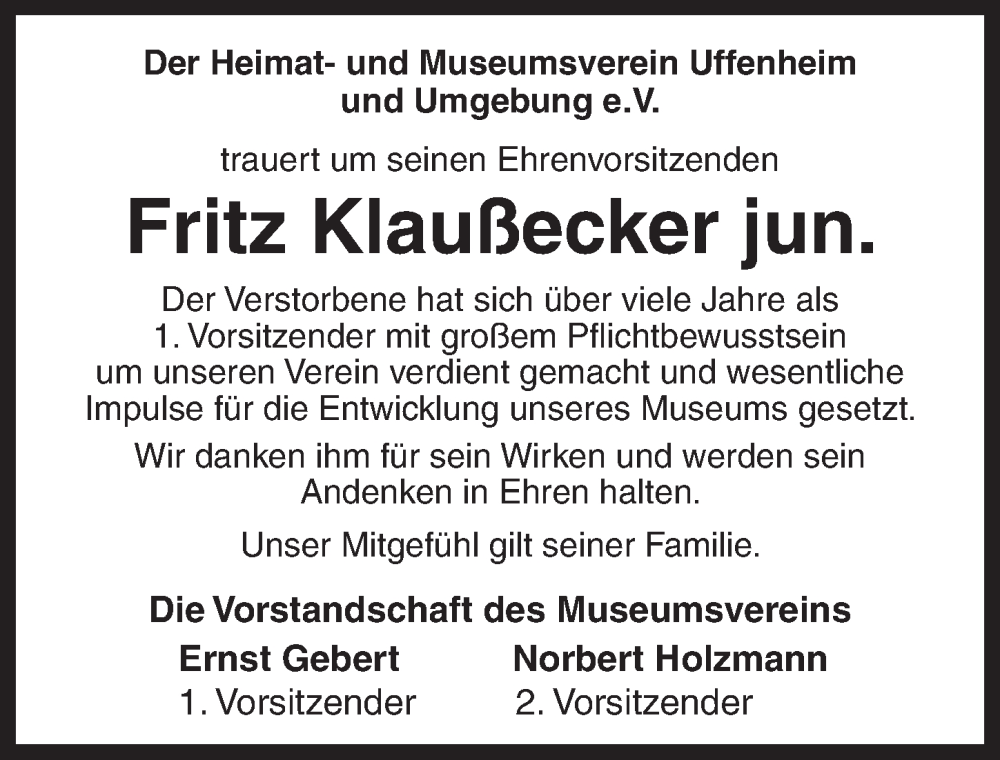  Traueranzeige für Fritz Klaußecker vom 04.12.2025 aus Neustadt/ Scheinfeld/ Uffenheim