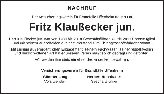 Traueranzeige von Fritz Klaußecker von Neustadt/ Scheinfeld/ Uffenheim