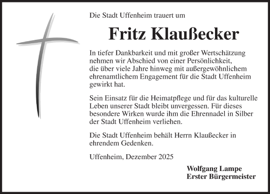 Traueranzeige von Fritz Klaußecker von Neustadt/ Scheinfeld/ Uffenheim