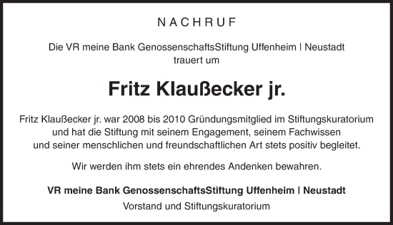 Traueranzeige von Fritz Klaußecker von Neustadt/ Scheinfeld/ Uffenheim