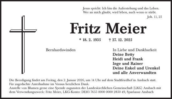 Traueranzeige von Fritz Meier von Ansbach