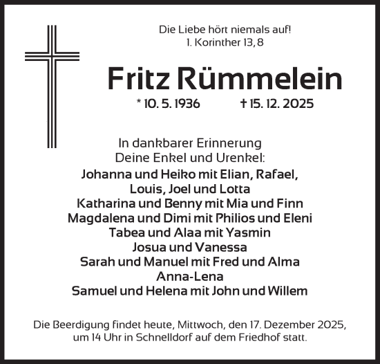 Traueranzeige von Fritz Rümmelein von Dinkelsbühl/ Feuchtwangen