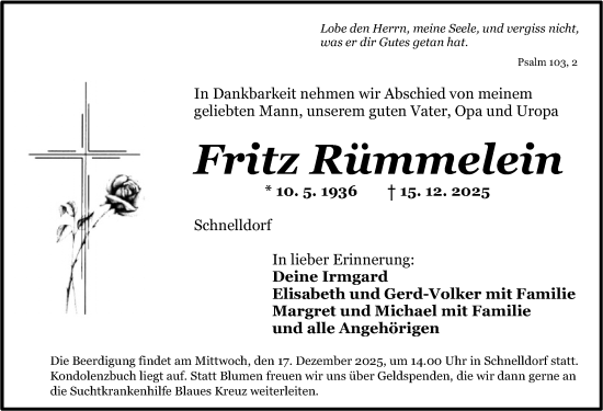 Traueranzeige von Fritz Rümmelein von Ansbach