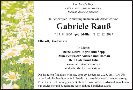 Traueranzeige von Gabriele Rauß von Neustadt/ Scheinfeld/ Uffenheim