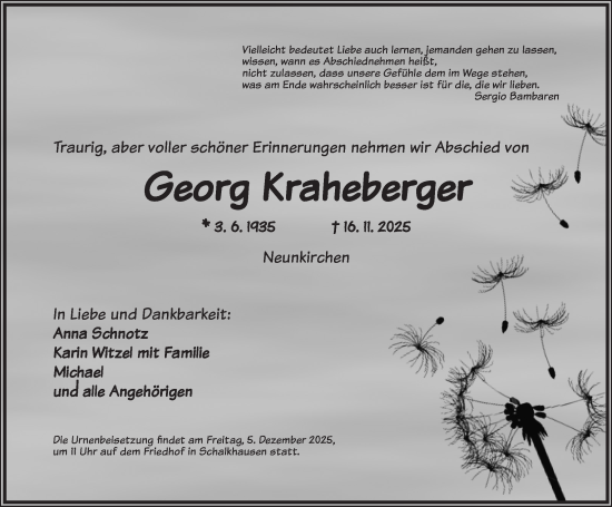 Traueranzeige von Georg Kraheberger von Ansbach