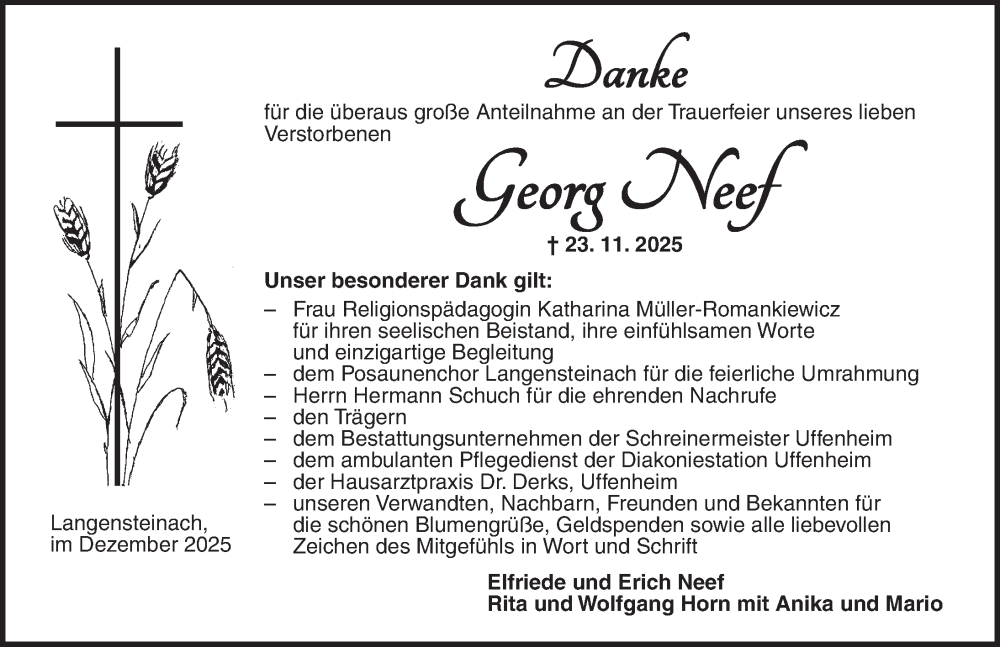  Traueranzeige für Georg Neef vom 20.12.2025 aus Neustadt/ Scheinfeld/ Uffenheim