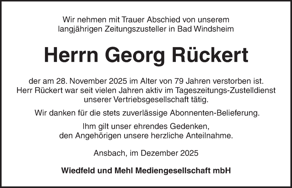  Traueranzeige für Georg Rückert vom 24.12.2025 aus Neustadt/ Scheinfeld/ Uffenheim