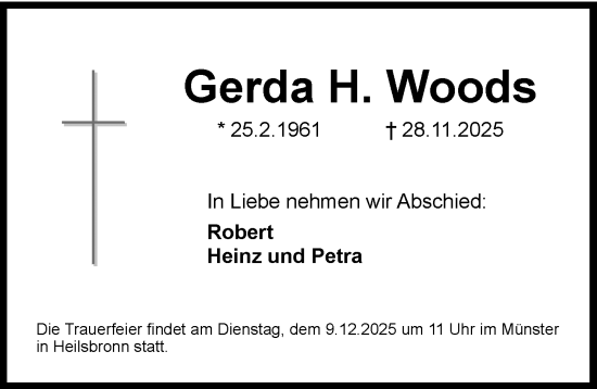 Traueranzeige von Gerda Woods von Ansbach