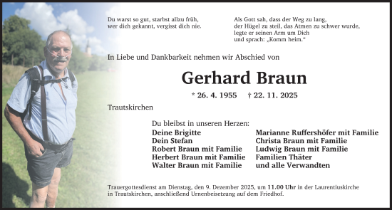 Traueranzeige von Gerhard Braun von Neustadt/ Scheinfeld/ Uffenheim