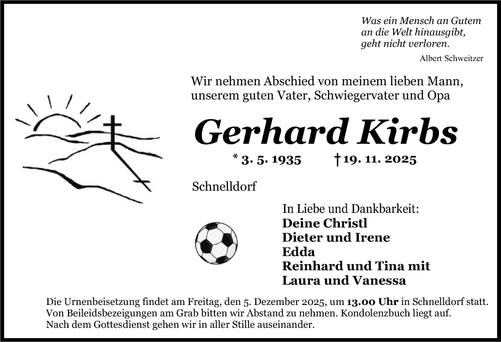  Traueranzeige für Gerhard Kirbs vom 03.12.2025 aus Dinkelsbühl/ Feuchtwangen