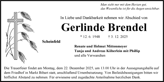 Traueranzeige von Gerlinde Brendel von Neustadt/ Scheinfeld/ Uffenheim
