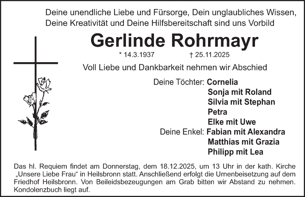  Traueranzeige für Gerlinde Rohrmayr vom 13.12.2025 aus Ansbach