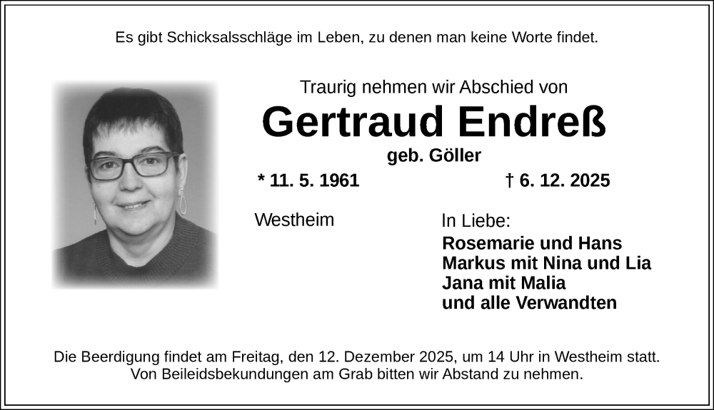  Traueranzeige für Gertraud Endreß vom 10.12.2025 aus Neustadt/ Scheinfeld/ Uffenheim