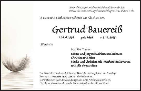 Traueranzeige von Gertrud Bauereiß von Neustadt/ Scheinfeld/ Uffenheim
