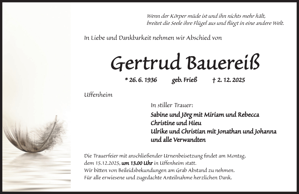  Traueranzeige für Gertrud Bauereiß vom 10.12.2025 aus Neustadt/ Scheinfeld/ Uffenheim