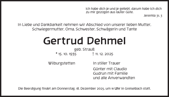 Traueranzeige von Gertrud Dehmel von Dinkelsbühl/ Feuchtwangen