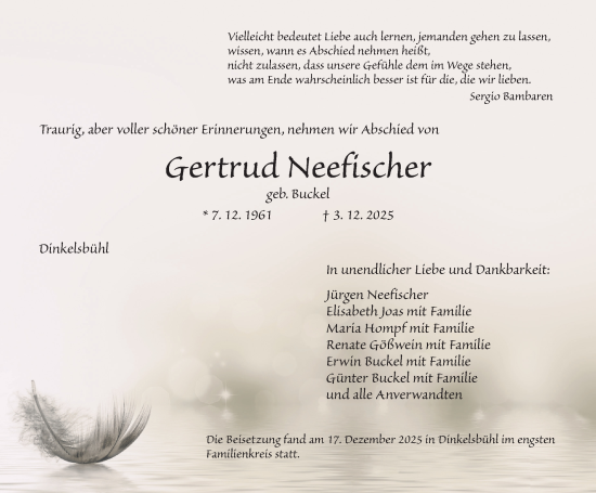 Traueranzeige von Gertrud Neefischer von Dinkelsbühl/ Feuchtwangen