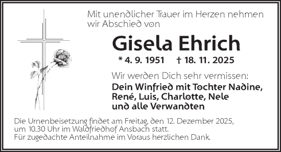 Traueranzeige von Gisela Ehrich von Ansbach