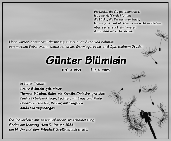Traueranzeige von Günter Blümlein von Ansbach
