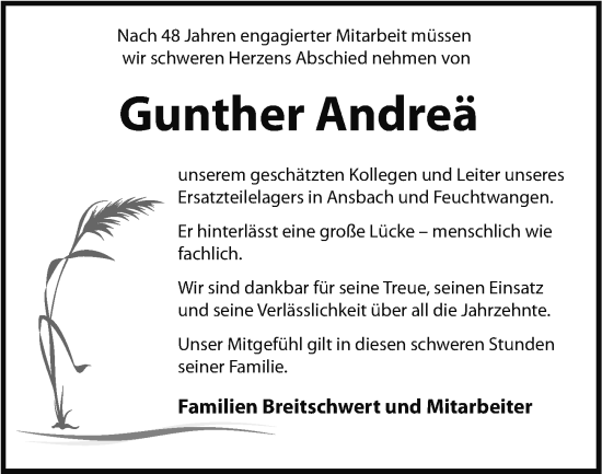 Traueranzeige von Gunther Andreä von Ansbach