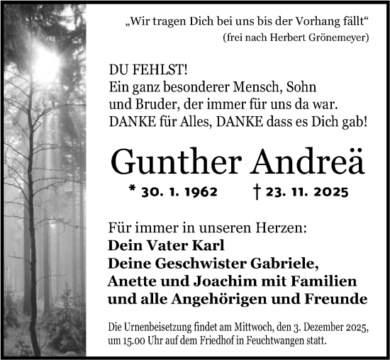 Traueranzeige von Gunther Andreä von Ansbach