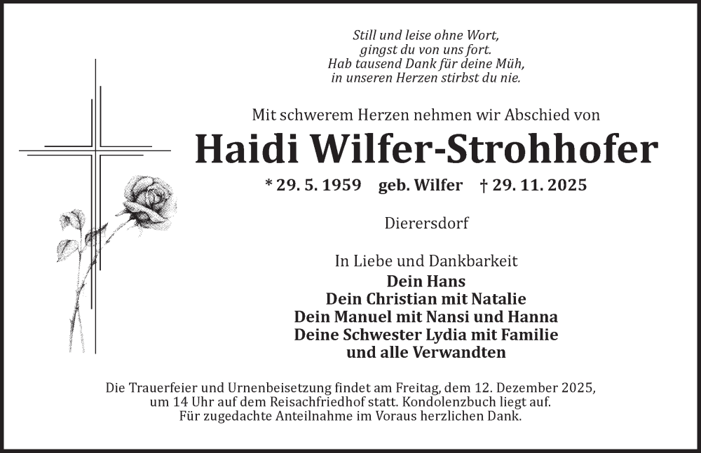  Traueranzeige für Haidi Wilfer-Strohhofer vom 09.12.2025 aus Ansbach
