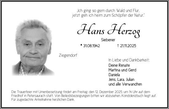 Traueranzeige von Hans Herzog von Ansbach